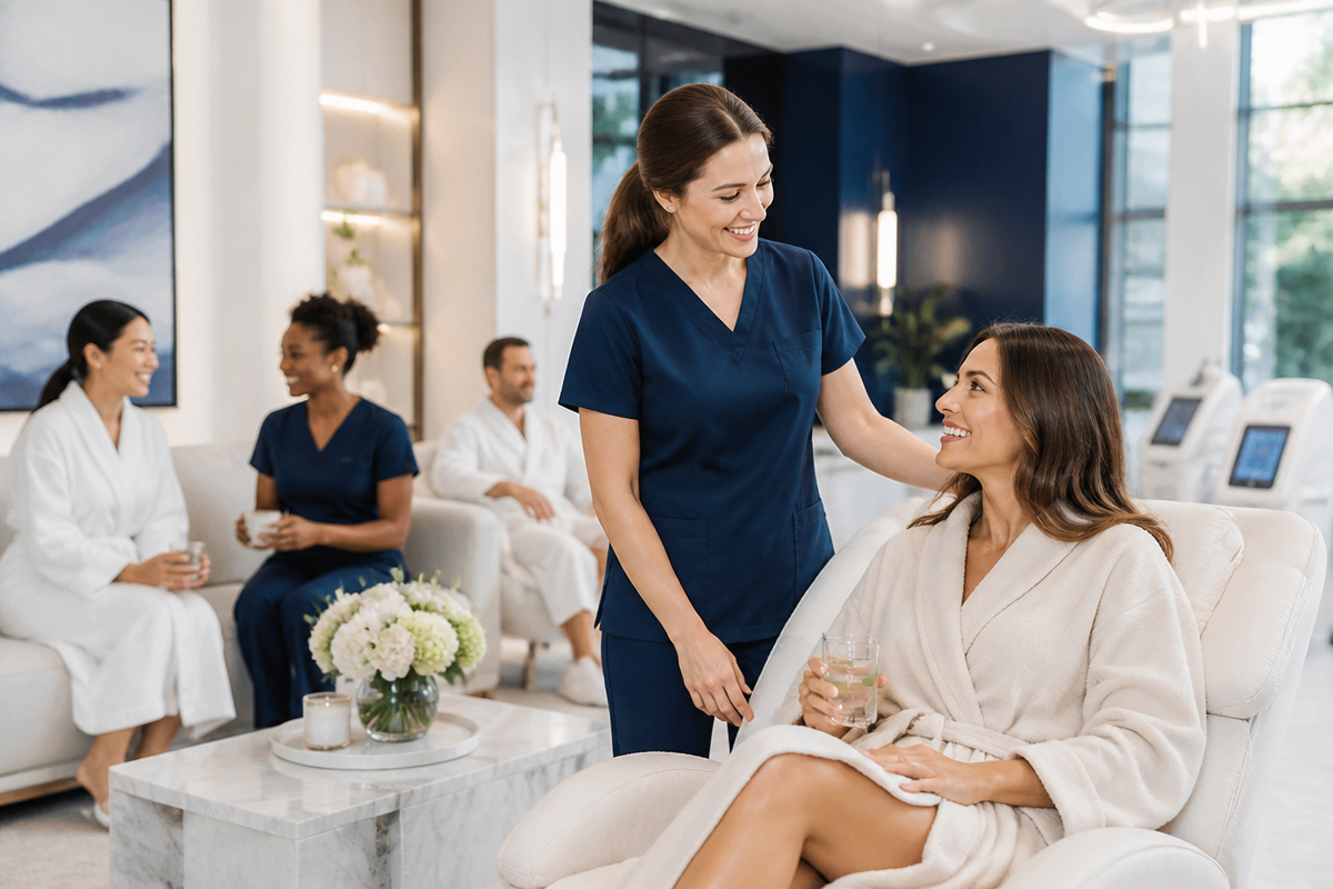 Patients and staff in a modern luxury medical spa and wellness clinic